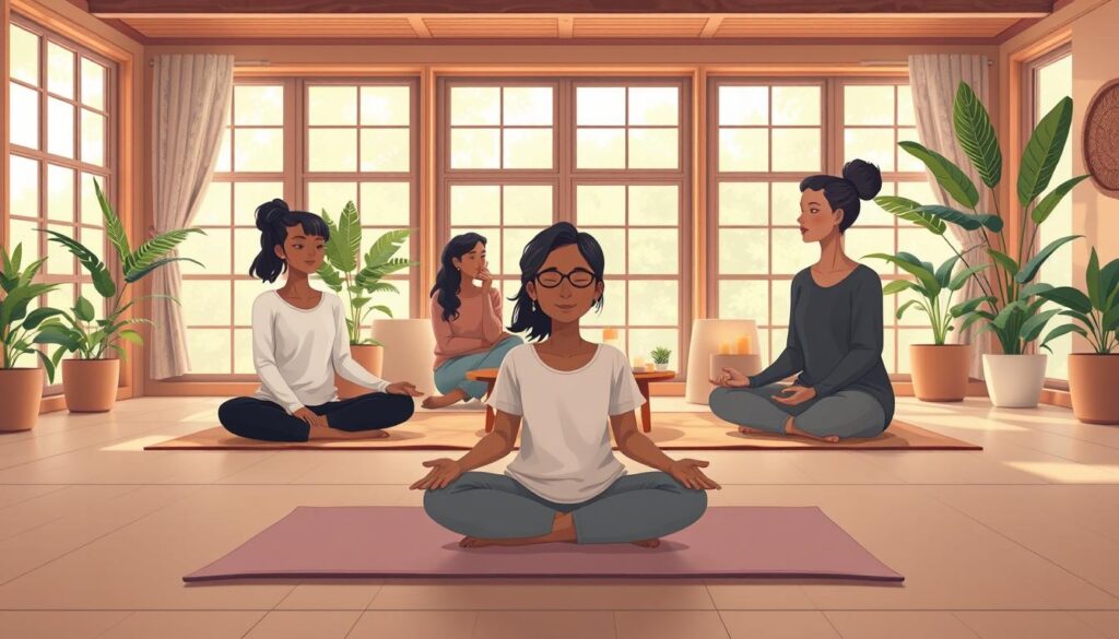 A serene indoor scene depicting a diverse group of individuals engaged in mindfulness practices for emotional growth. In the foreground, a calm, centered person sits cross-legged on a soft mat, wearing modest casual clothing, their hands resting on their knees, eyes gently closed. In the middle, a small group shares deep, reflective conversations around a low table with candles and plants, encouraging a supportive atmosphere. The background features large windows allowing soft natural light to fill the space, complemented by warm, earthy tones of wooden decor and greenery, embodying tranquility and openness. The overall mood is peaceful and inviting, symbolizing personal connection and the journey toward emotional growth. Captured using a wide-angle lens to create an immersive feel, ensuring no text or overlays are present. nextself.ai