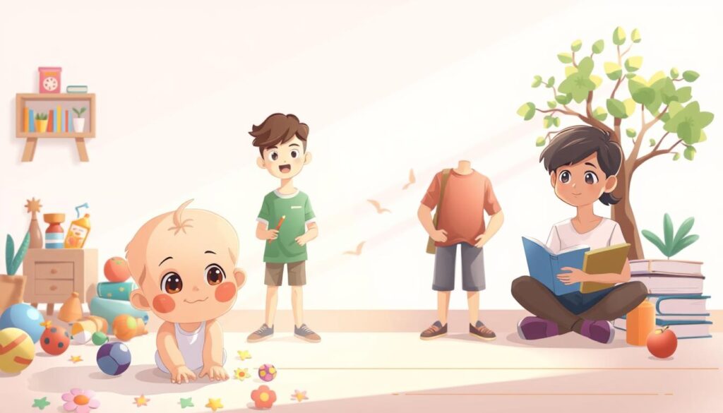 A serene visual representation of the emotional development stages, depicting a journey from childhood to adulthood. In the foreground, a child with bright eyes embodies innocence, surrounded by playful elements like toys and flowers. The middle ground transitions to a teenager depicted with reflective expressions, standing among symbols of growth like books and art supplies. The background showcases a young adult, calm and composed, with nature elements like a tree symbolizing strength and maturity. Soft, warm lighting illuminates the scene, creating a hopeful and nurturing atmosphere. The image captures the essence of emotional growth, with a balanced composition, utilizing a slight depth of field for focus. No text or watermarks. Generated by nextself.ai.